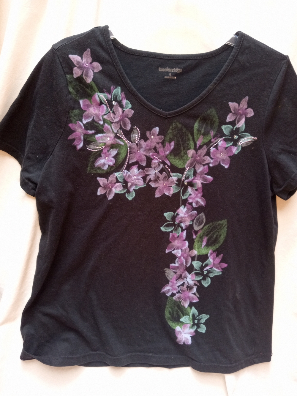 Breckenridge Black Floral V-Neck Tee with Purple Flowers -